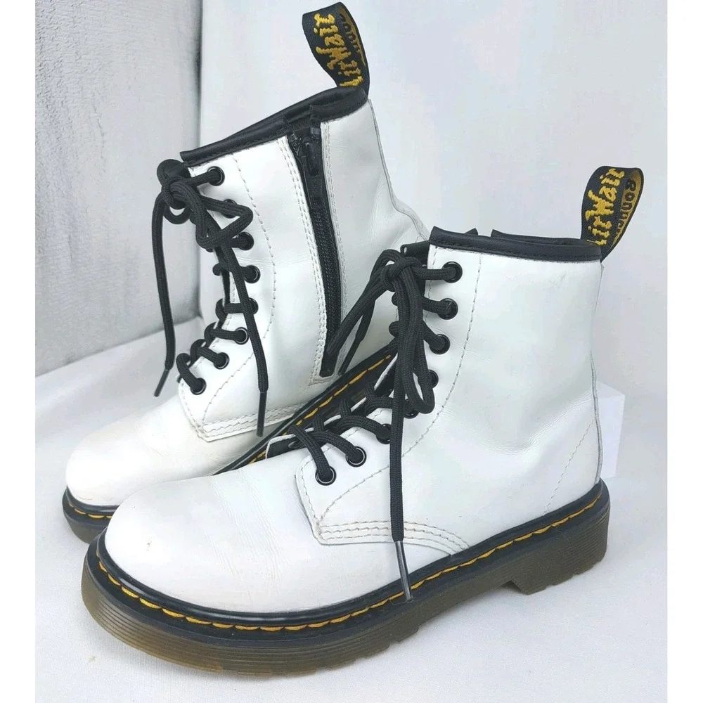 Doc Martens Air Wair 1460J Girls Combat Boots White Lace-Up Side Zip‎ Sz 1 *READ